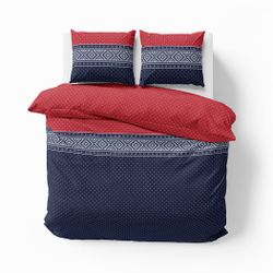Embla ett blått, rött och vitt påslakanset till dubbeltäcke i bomull i storlek 200 x 220 cm med knäppning i botten, från Indusia design
