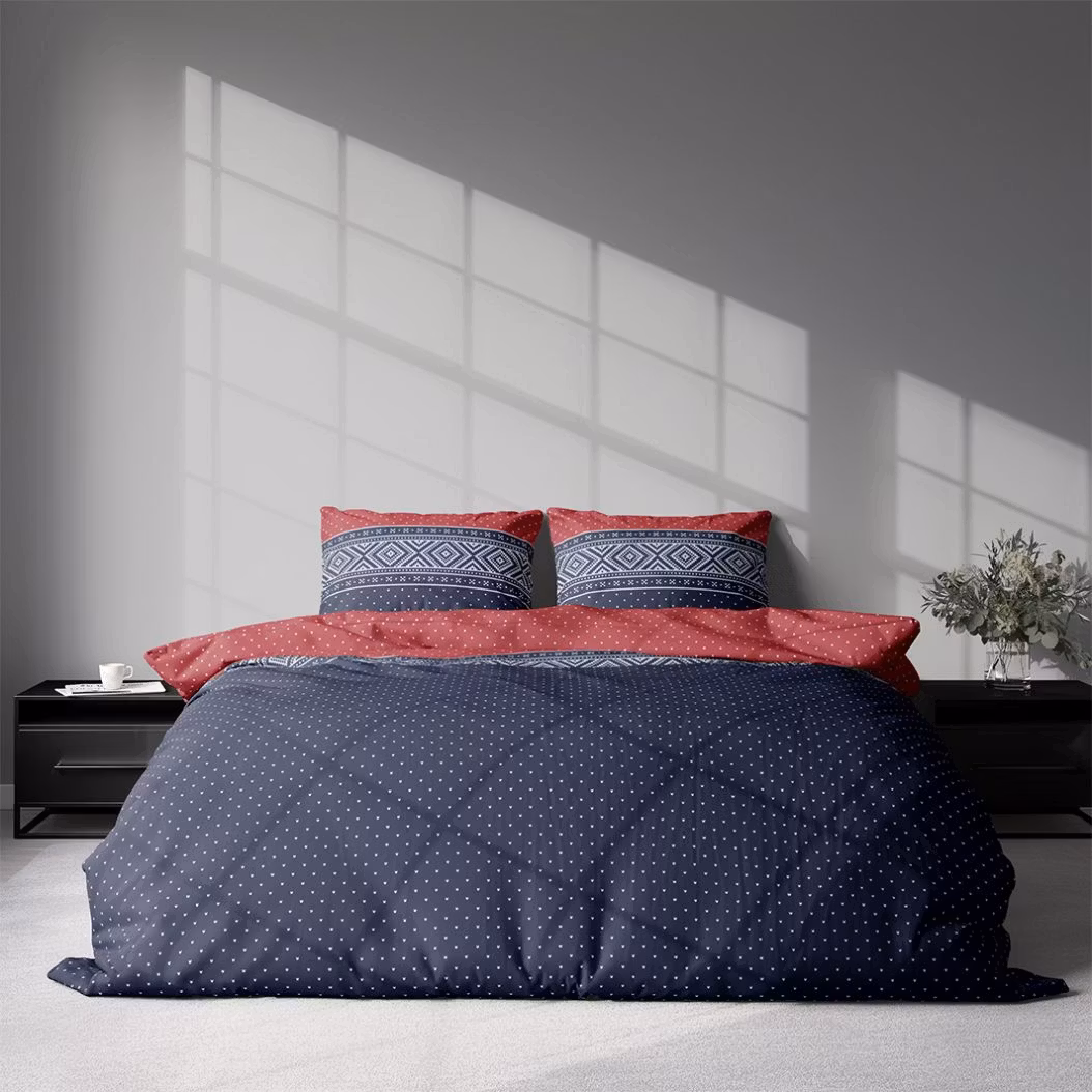 Embla ett blått, rött och vitt påslakanset till dubbeltäcke i bomull i storlek 200 x 220 cm med knäppning i botten, från Indusia design