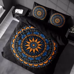 Bohemian mandala ett påslakanset i bomull till dubbeltäcke i mått 200 x 220 cm i svart med en färgglad mandala med knäppning i botten, från Indusia design