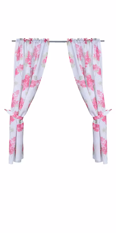 Pelargonia ett skirt köksgardinset med omtag i vitt med rosa pelargonior från Noble house, mått 2 x 110 x 170 cm.