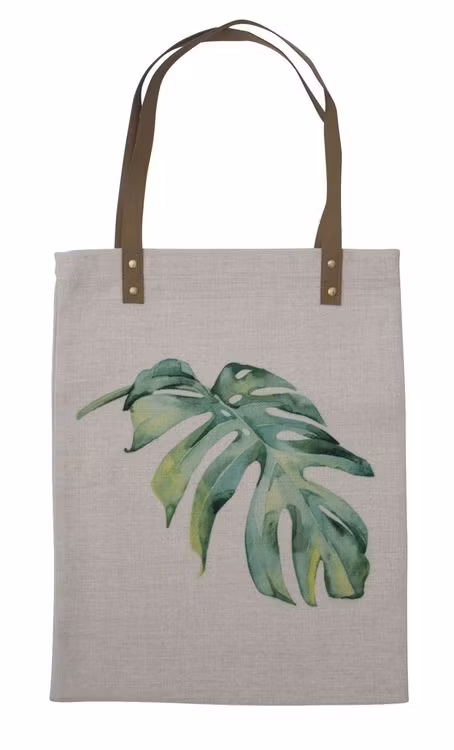 Leafe en liten shoppingväska med handtag i konstläder. Färg: Beige med ett grönt digitaltryck.