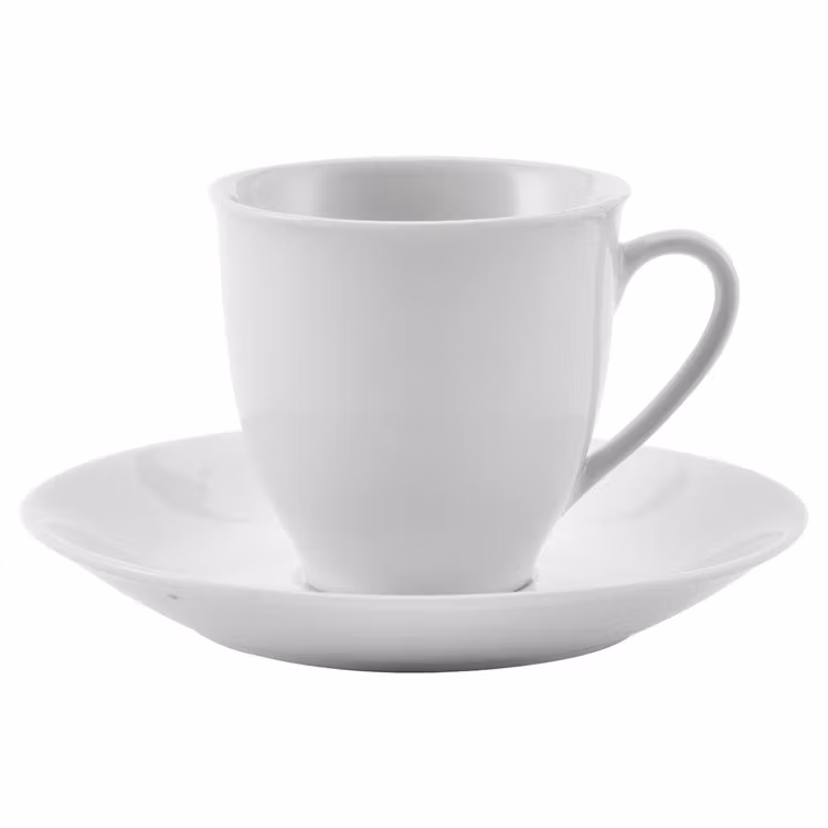 Epla en stilren kaffekopp med fat i vitt porslin. Färg: Vit.