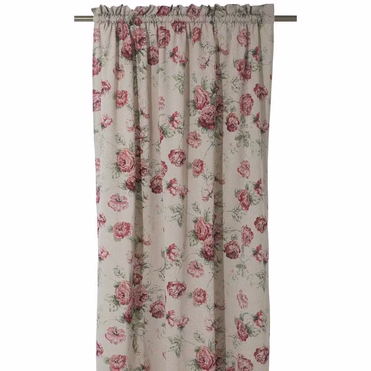 Rosor ett gardinset med kanaler, art.nr 9938-69-005. Färg: Linnebotten med rosaröda rosor och gröna blad.