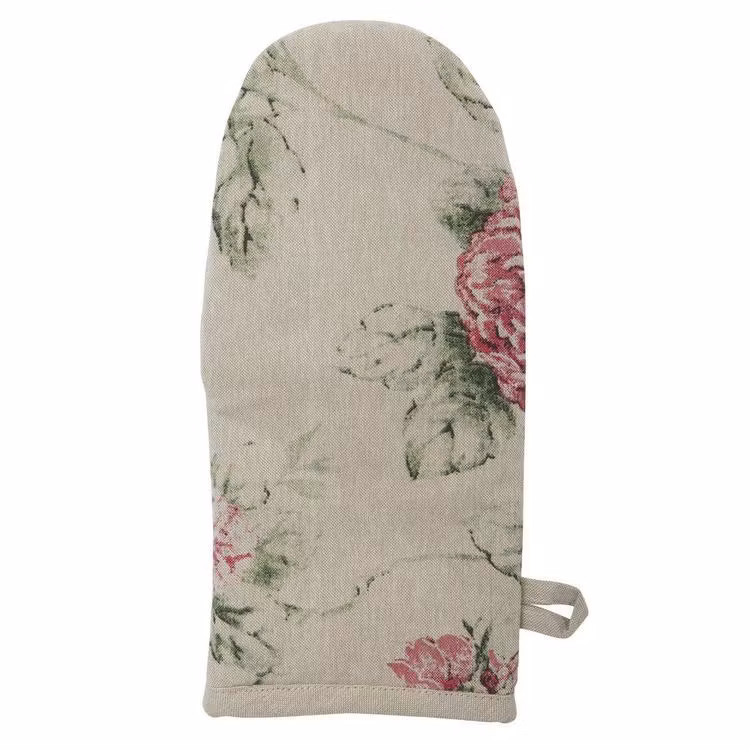 Rosor en grytvante. Färg: Linnefärgad botten med rosaröda rosor och gröna blad.