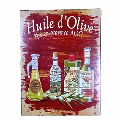 Huile d'Olive en plåttavla i gammal stil med patina. Färg: Röd, gul och grön.