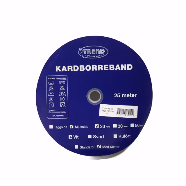 Kardborreband 20 mm, mjuksida. Färg: Vit.