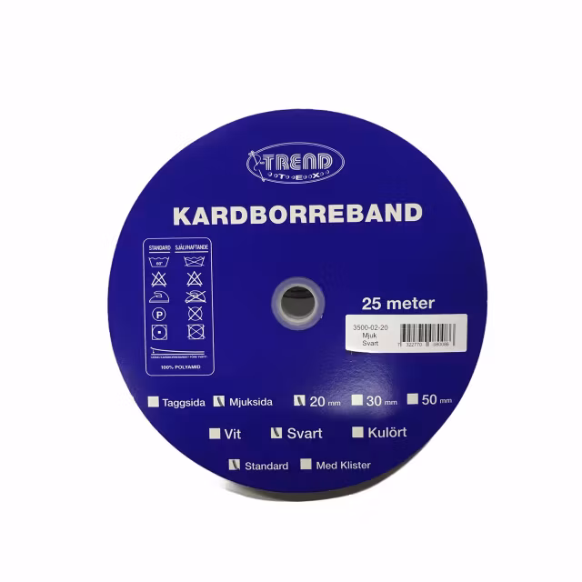 Kardborreband 20 mm, mjuksida. Färg: Svart.