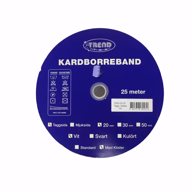 Kardborreband 20 mm, taggsida med klister. Färg: Vit.