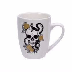Skulls and snakes en vit, svart och guldfärgad kaffe/te/chokladmugg från d'aventure, 350 ml.