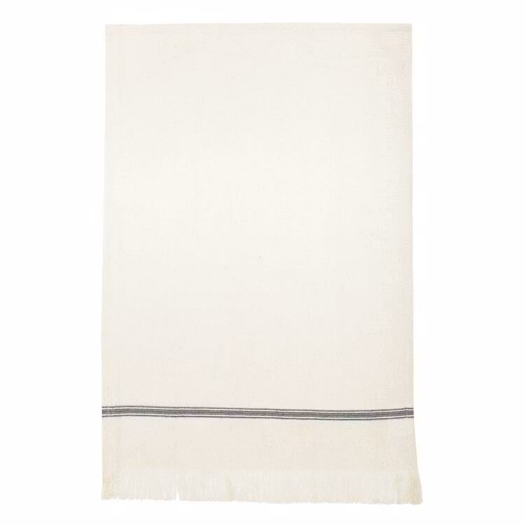 Eslöv en våfflad kökshanduk i off-white med en blå rand i 100% bomull med fransar från Svanefors, mått 50 x 70 cm.