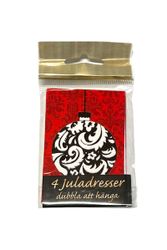 Julklappsadresser 4 st med snöre som knyts fast på julklapparna. Mått: 9 x 6 cm vikta.