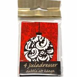 Julklappsadresser 4 st med snöre som knyts fast på julklapparna. Mått: 9 x 6 cm vikta.