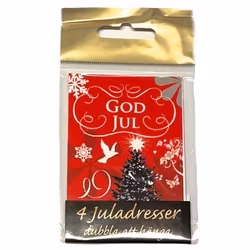 Julklappsadresser 4 st med snöre som knyts fast på julklapparna. Mått: 9 x 6 cm vikta.