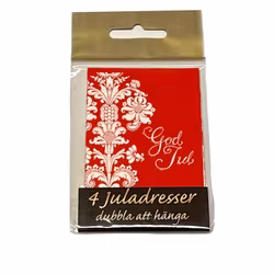 Julklappsadresser 4 st med snöre som knyts fast på julklapparna. Mått: 9 x 6 cm vikta.