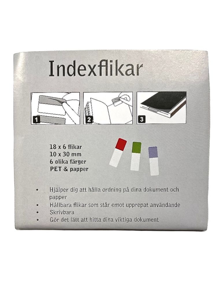 Indexflikar i 6 olika färger som hjälper dig att hålla ordning på dina dokument i färgerna gult, rött, grått, grönt, blått och rosa från Pepper pot..