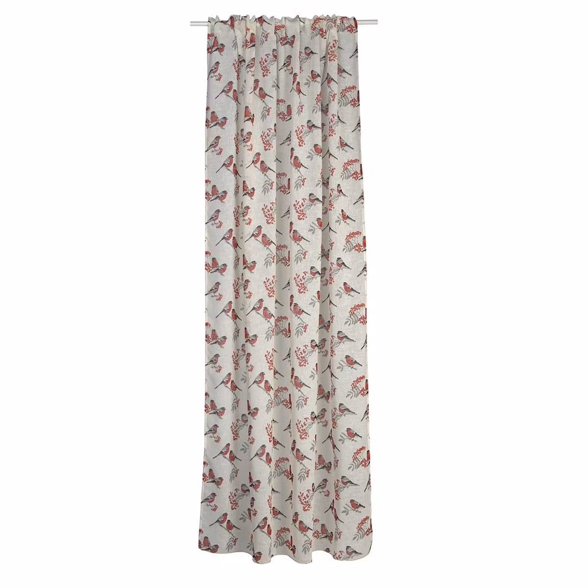 Domherre ett julgardinset med multiband från Noble house. Färg: Offwhite med röda och svarta domherrar.