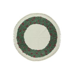 Lingonkrans en rund julgransmatta i 100% bomull i vitt med en grön lingonkrans från Noble house, diameter 95 cm.