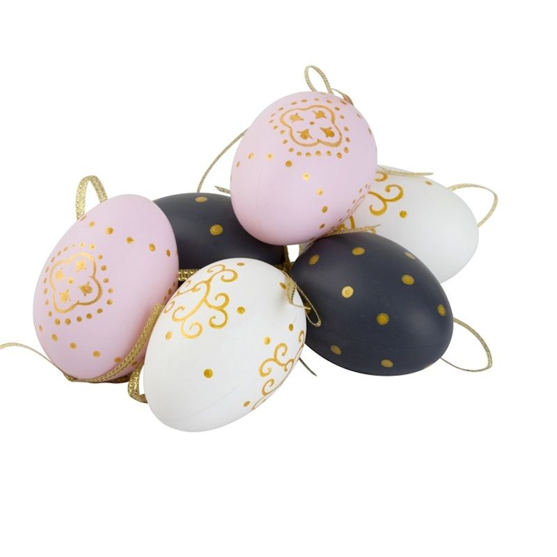 Orient påskägg i ett sexpack från Cult design att dekorera påskriset med. Färg: Rosa, vita och svarta med ett guldmönster.