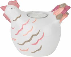 Hönan Hedvig ljuslykta från Cult design. Färg: Vit, rosa och gul.