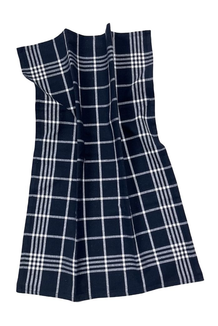 Kökshandduk från Classic textile i återvunna textilier. Färg: Marinblå och vitrutig.