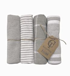 Kökshandduk från Classic textile i återvunna textilier. Färg: Ljusgrå och vitrutig.