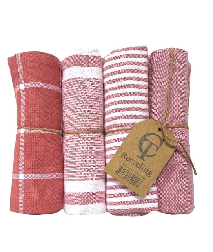 Kökshandduk från Classic textile i återvunna textilier. Färg: Rosa och vitrandig.