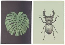 Monstrera och skalbagge ett set med 2 anteckningsböcker A6 från Hedlunds, en bok med linjerade sidor och bok en med blanka sidor.