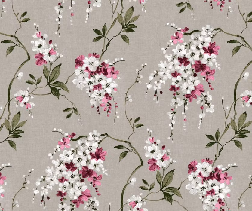 Sommarblommor en vaxduk på metervara på en linnefärgad botten med rosa och vita blommor bredd 140 cm
