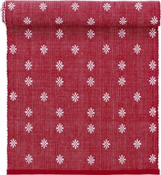 Mini star en röd ripslöpare med vita snöflingor i bomull från Svanefors i mått 35 x 120 cm.