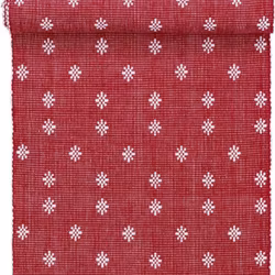Mini star en röd ripslöpare med vita snöflingor i bomull från Svanefors i mått 35 x 120 cm.