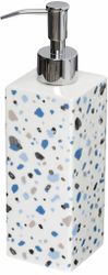 Terrazzo en tvål/diskmedelspump från Cult design. Färg: Vit med ett blått och silvermönster med en silverfärgad pump.