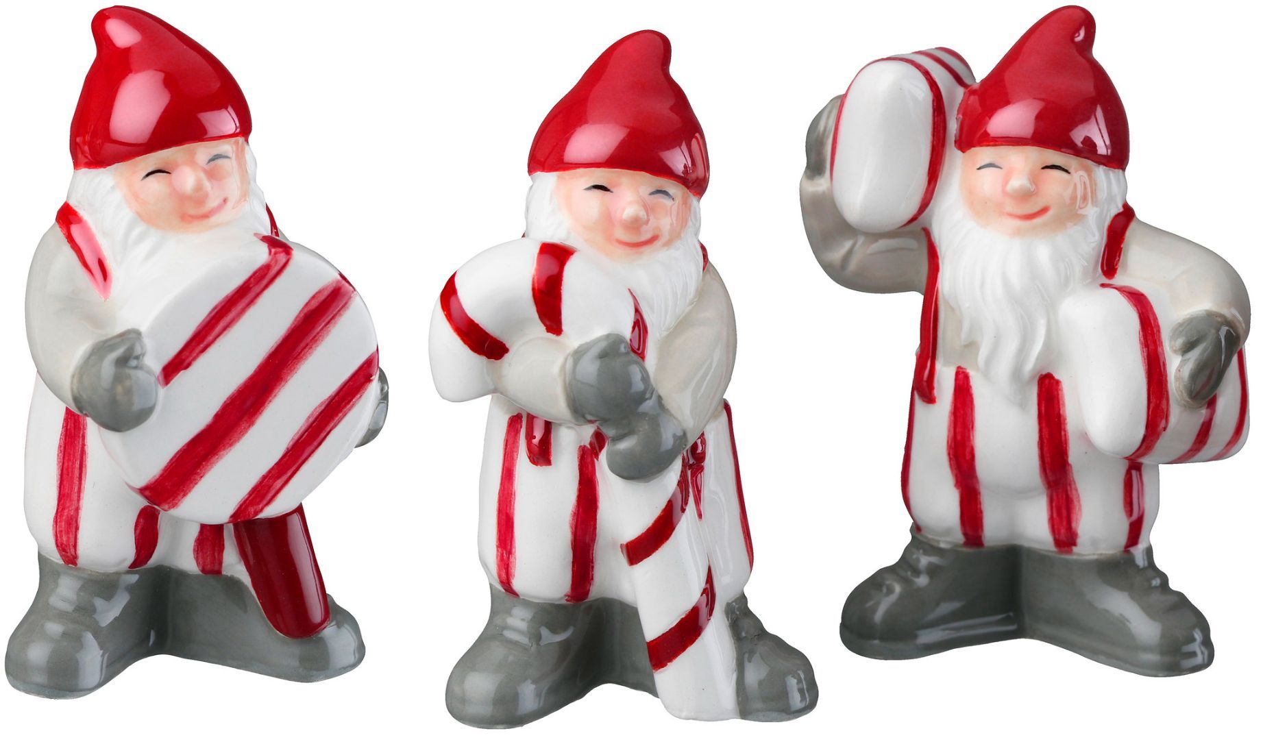 Polkagristomtar i 3 pack från Cult design. Färg: Söta polkagristomtar i rött, vitt och grått.