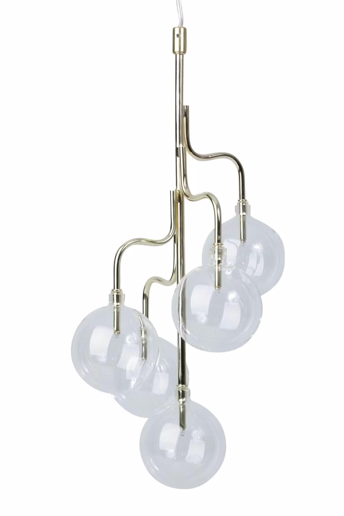 Globe en fönsterlampa i guld med fem glaskulor och små microlampor från Stjernsund kollektion mått h 47 cm, dia 23 cm.