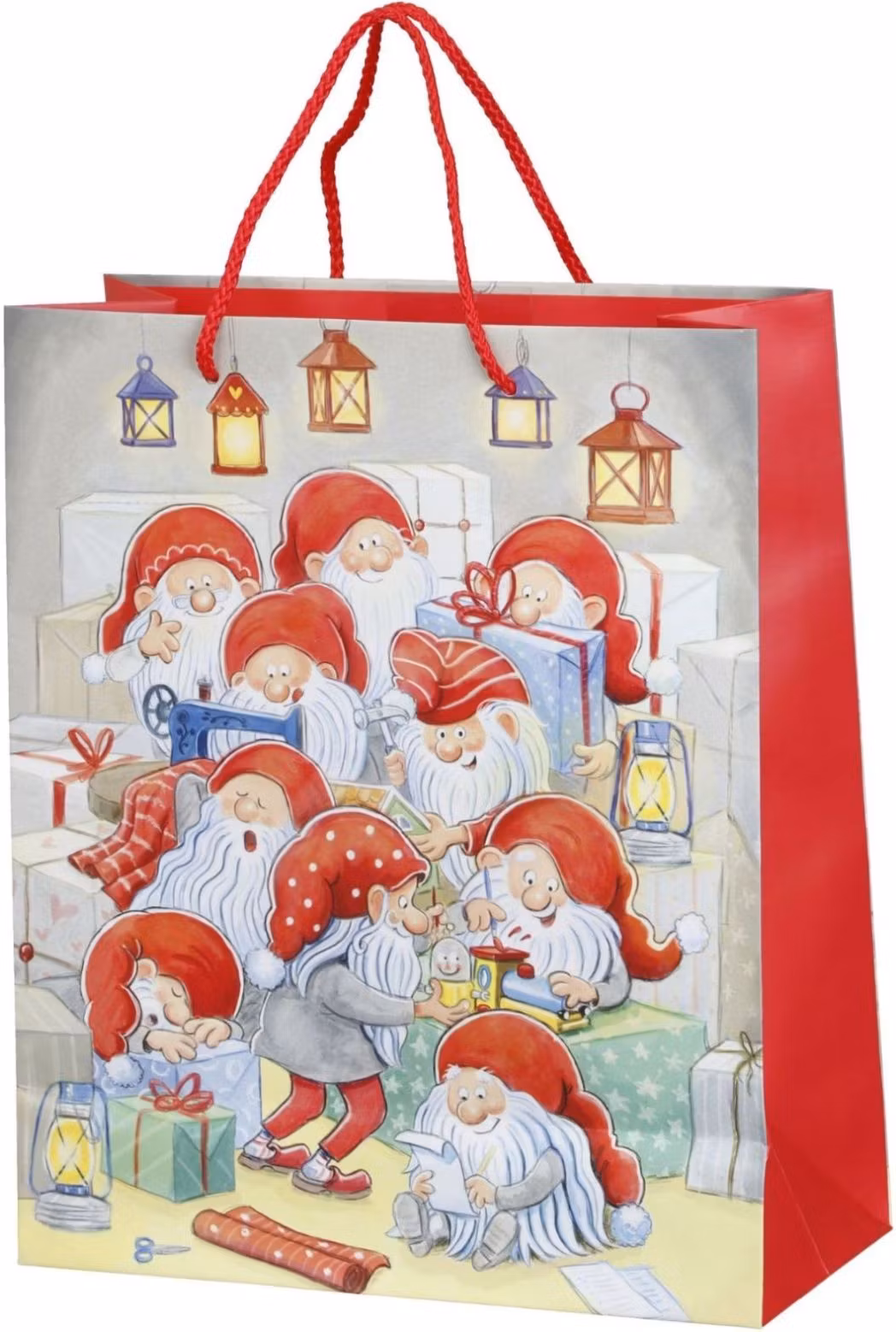Tomteverkstaden en stor presentpåse med ett juligt tomtetryck och röda sidor från Festive, mått 26,5 x 11,8 x 31,8 cm.