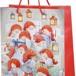 Tomteverkstaden en stor presentpåse med ett juligt tomtetryck och röda sidor från Festive, mått 26,5 x 11,8 x 31,8 cm.