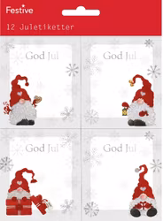 Julklappsadresser med söta tomtar, 12 st självhäftande som klistras direkt på julklapparna, mått 12 x 4 cm.