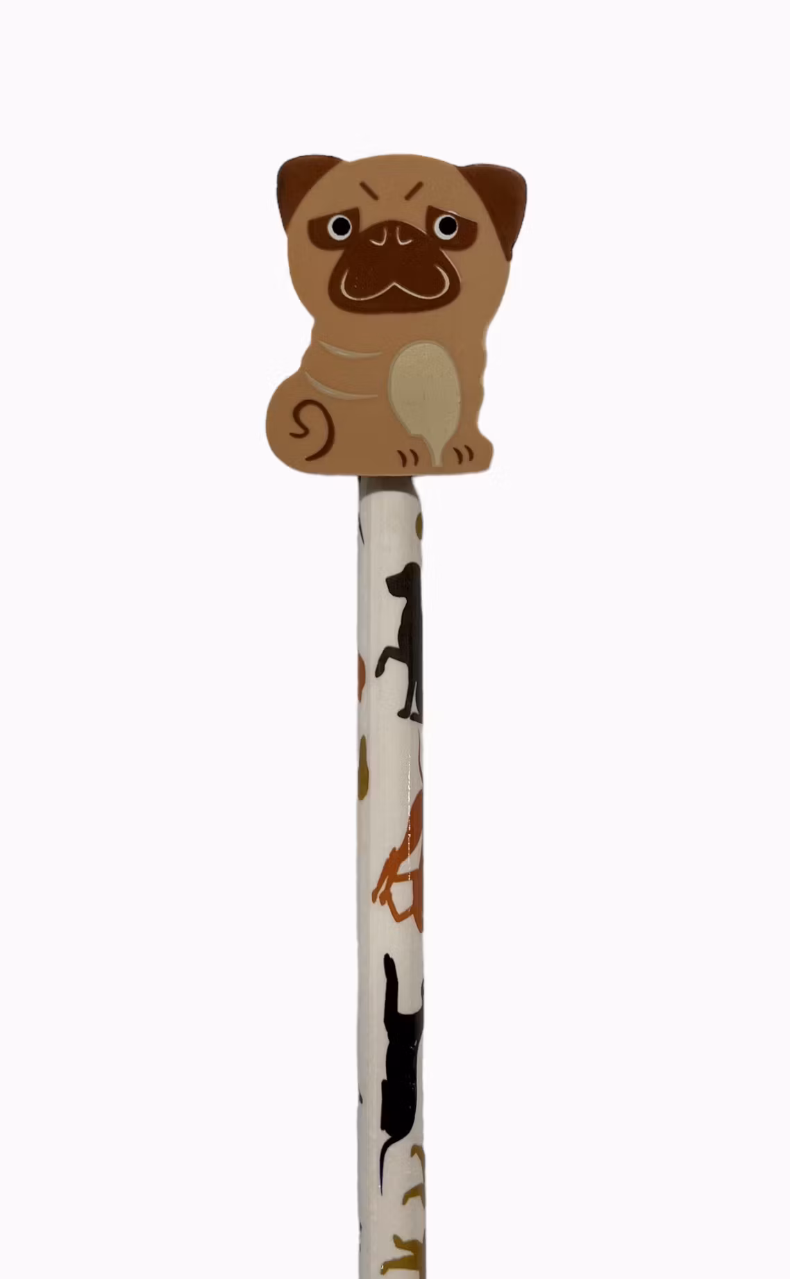 Mops en blyertspenna med ett hundmönster och med en suddtopp i form av en söt hund från Pepper pot, längd 19 cm.
