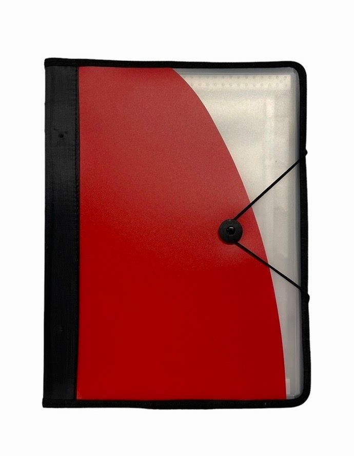 Konferensmapp i rött med anteckningsblock och 6 fack och fickor från Pepper pot. mått 36 x 27 x 2,5 cm.