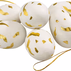 Hanging goldie vita och guldfärgade påskägg i ett sexpack från Cult design att dekorera påskriset med, mått 6 cm.