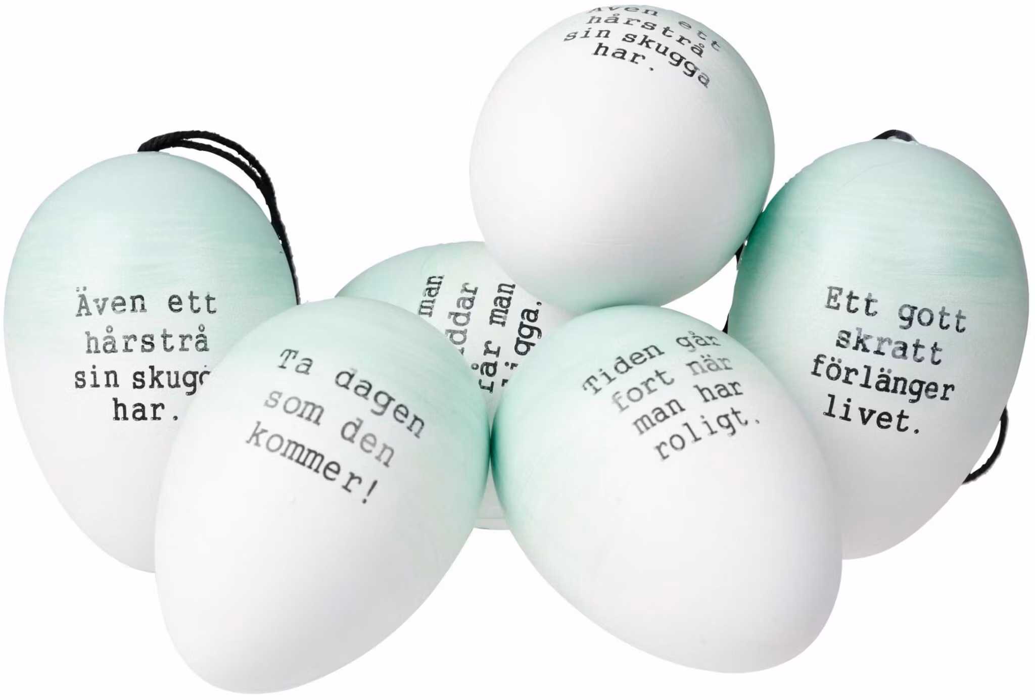 Påskägg/ordspråksägg i 6 pack i mintgrönt och vitt från Cult design att dekorera påskriset med, mått 6 cm.