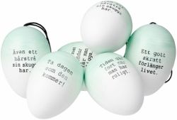 Påskägg/ordspråksägg i 6 pack i mintgrönt och vitt från Cult design att dekorera påskriset med, mått 6 cm.