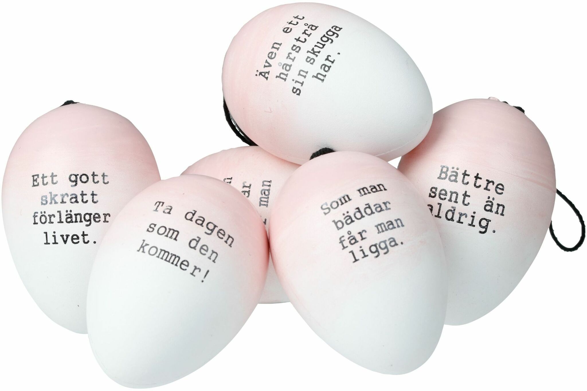 Påskägg/ordspråksägg i 6 pack i rosa och vitt från Cult design att dekorera påskriset med, mått 6 cm.