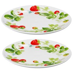 Fragaria ett 2 pack med assietter i vitt med röda jordgubbar och gröna blad från Cult design, mått 2 x 19 cm.