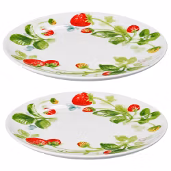 Fragaria ett 2 pack med assietter i vitt med röda jordgubbar och gröna blad från Cult design, mått 2 x 19 cm.
