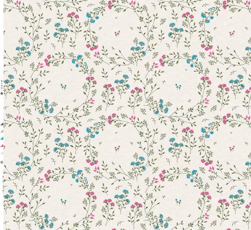 Blomster en härlig vaxduk med linnefärgad botten och rosa och blå blommor på metervara i bredd 140 cm.