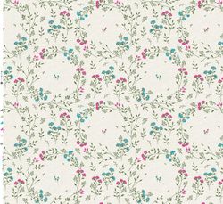 Blomster en härlig vaxduk med linnefärgad botten och rosa och blå blommor på metervara i bredd 140 cm.