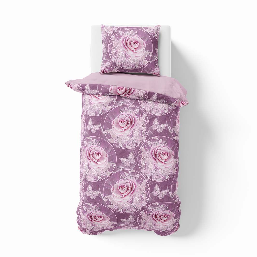 Vintage rose lilac ett påslakanset i lila och rosa i bomull med knäppning i botten.