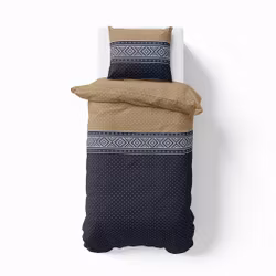 Embla blue-sand ett påslakanset i bomull i mörkblått, sand och vitt med knäppning i botten, från Indusia design