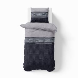 Embla dark blue-grey ett påslakanset i bomull i mörkblått, grått och vitt med knäppning i botten, från Indusia design