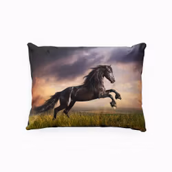 Wild stallion ett örngott i mått 70 x 100 cm i bomullssatin med en med en svart häst med en solnedgång i bakgrunden, från Indusia design